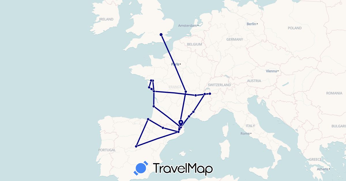 TravelMap itinerary: driving in Spain, France, United Kingdom (Europe)